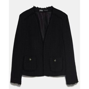 Zara Women's Black Tweed Blazer with Golden Decorative Buttons Small